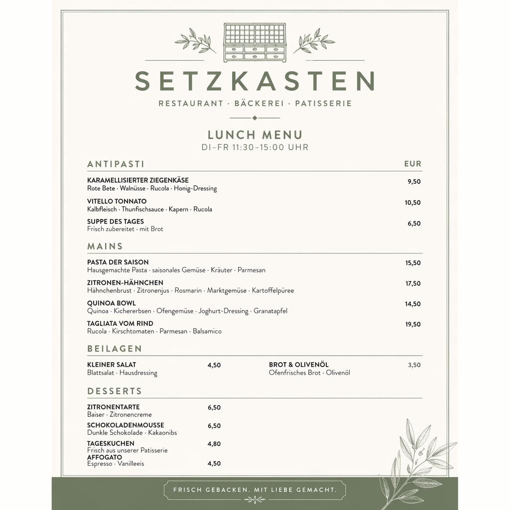 A4-Menükarte für restaurant setzkasten im minimalistischen Swiss-Design in Salbei und Elfenbein mit Preisen