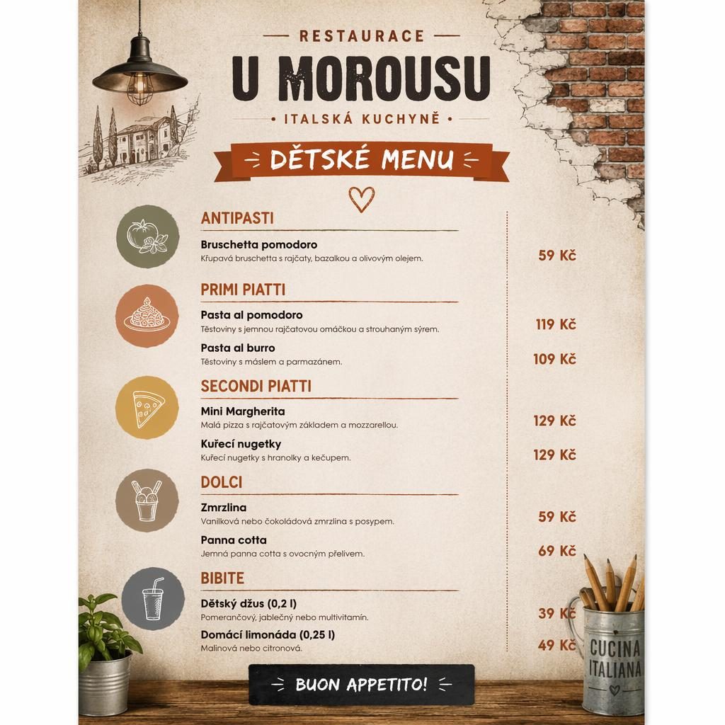 Tisková A4 karta dětského italského menu v industriálním loft stylu s dekorativní hlavičkou a sloupcem cen.