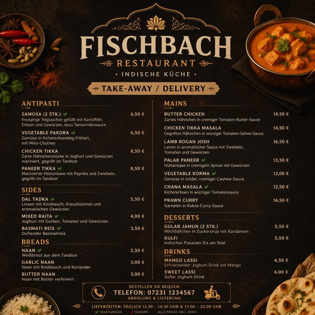A4-Menükarte für fischbach restaurant im indischen Stil, rustikal-warm, dunkle Farbpalette, mit Rubriken, Platzhaltertext und Preisen.