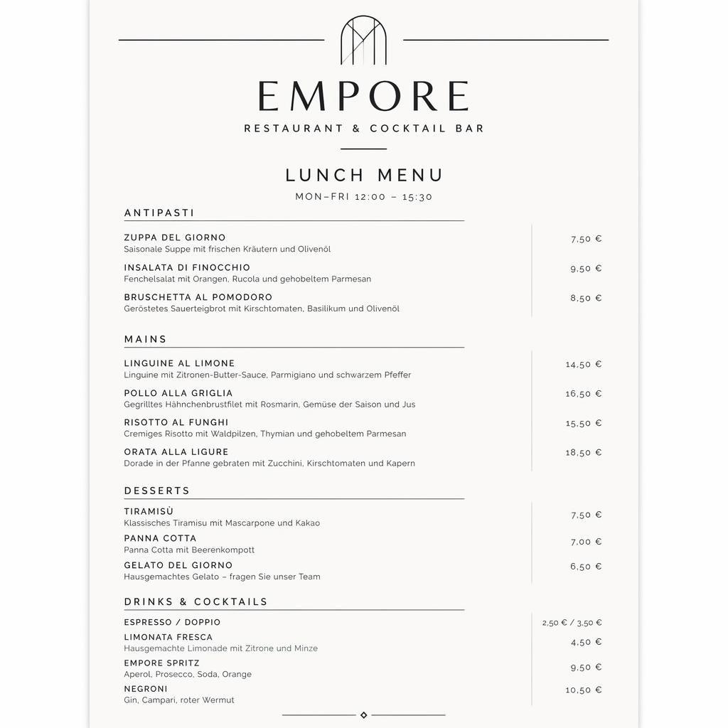 Minimalistische A4-Menükarte für empore restaurant im Swiss-Stil, monochrom, mit Rubriken, Platzhaltertext und Preisspalte.