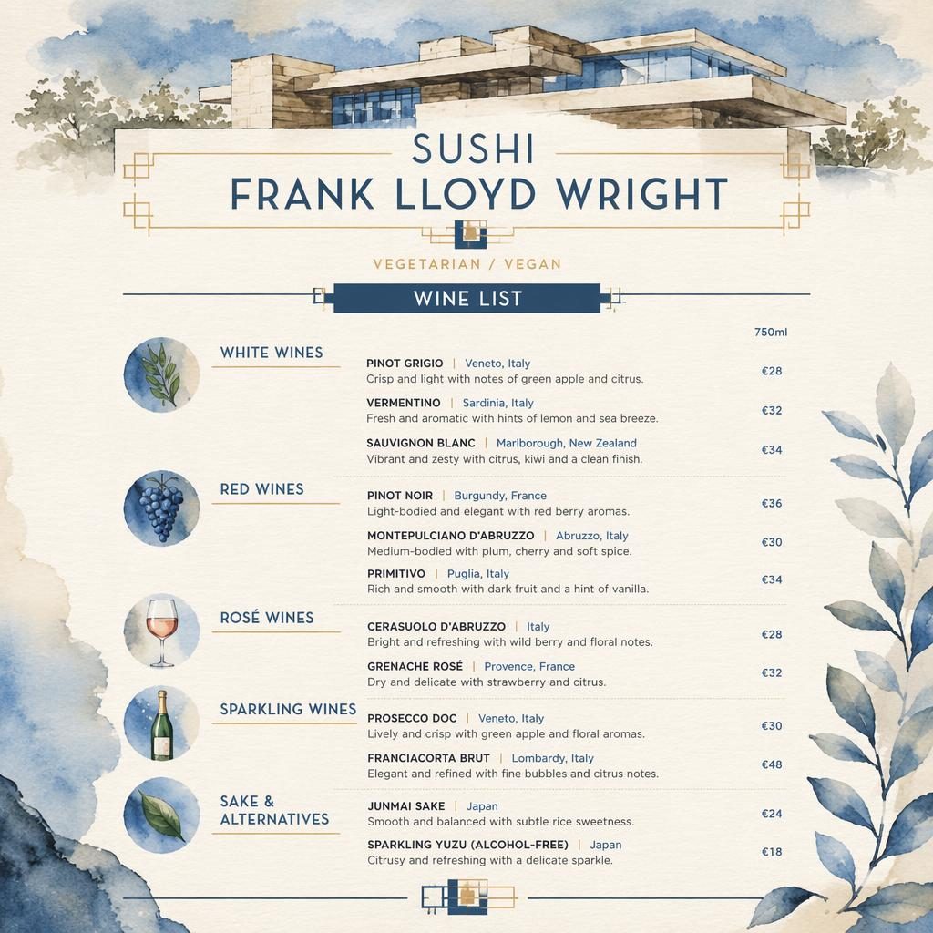 A4 portrait sushi restaurant wine list menu card in watercolor style, blue and cream palette, with decorative header and prices.