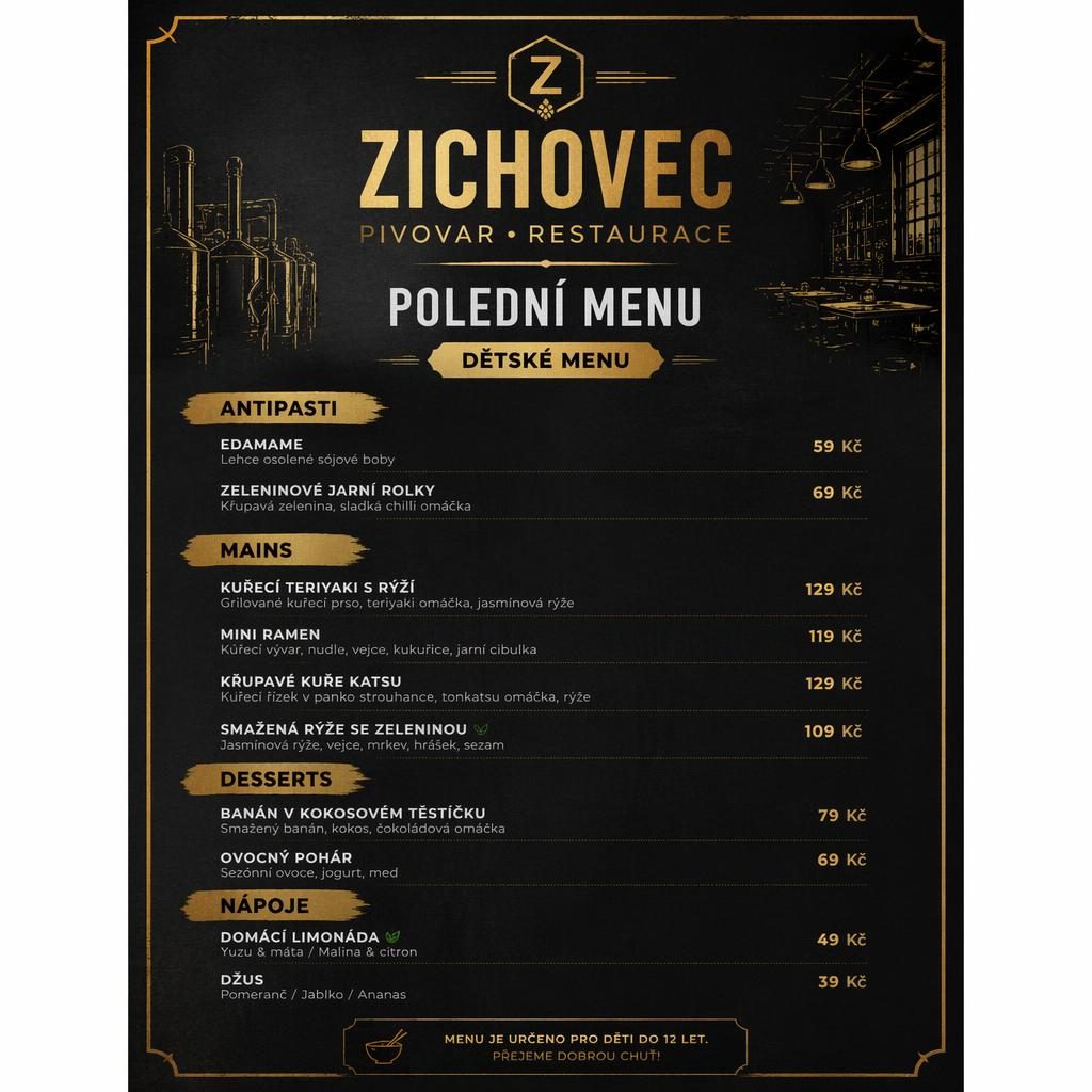 A4 jídelní lístek pro děti v industriálním loft stylu, černo-zlatá paleta, dekorativní záhlaví, sekce a sloupec cen