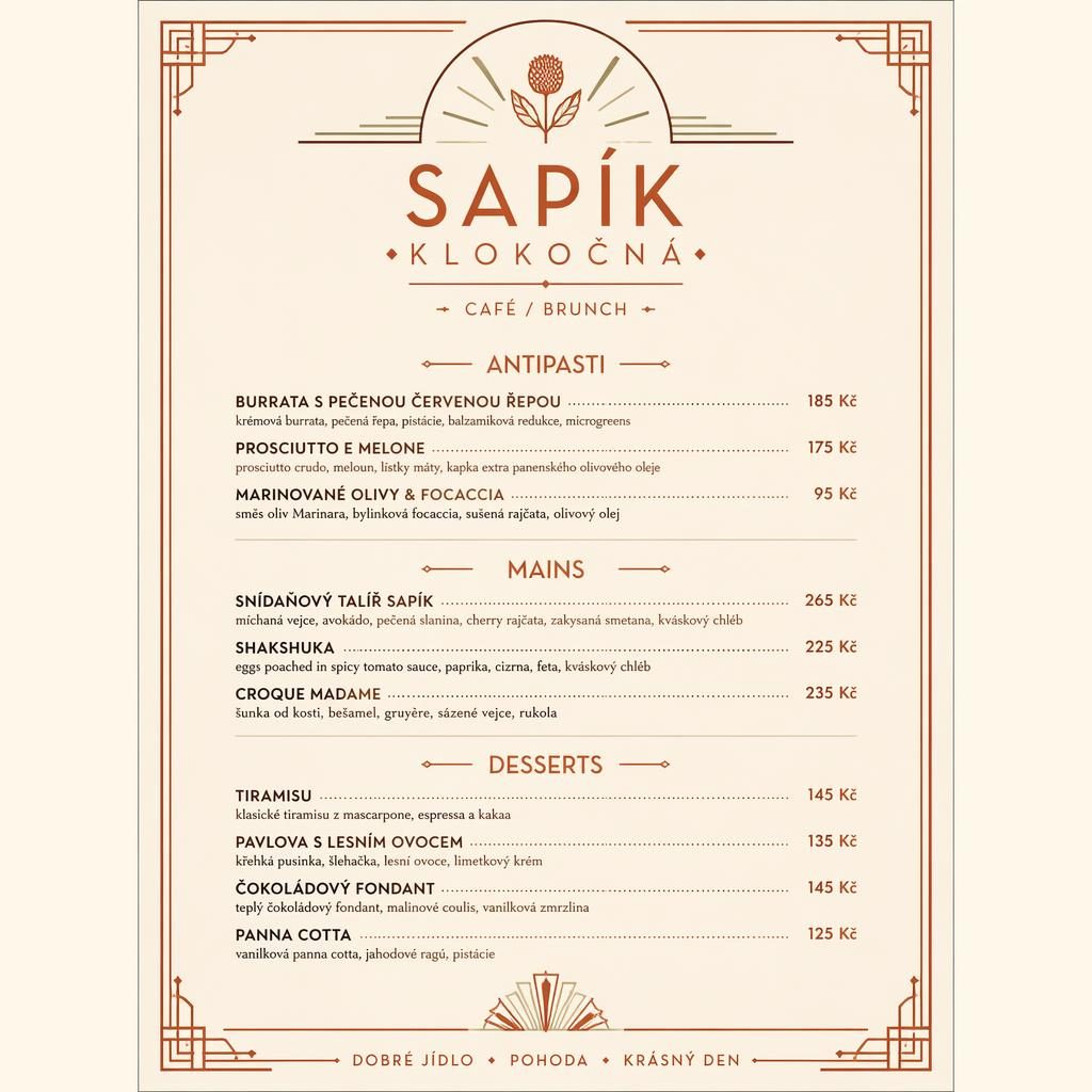 A4 dezertní menu pro Sapík Klokočná v art deco stylu, teplá krémová a rezavá paleta, dekorativní záhlaví a ceny.