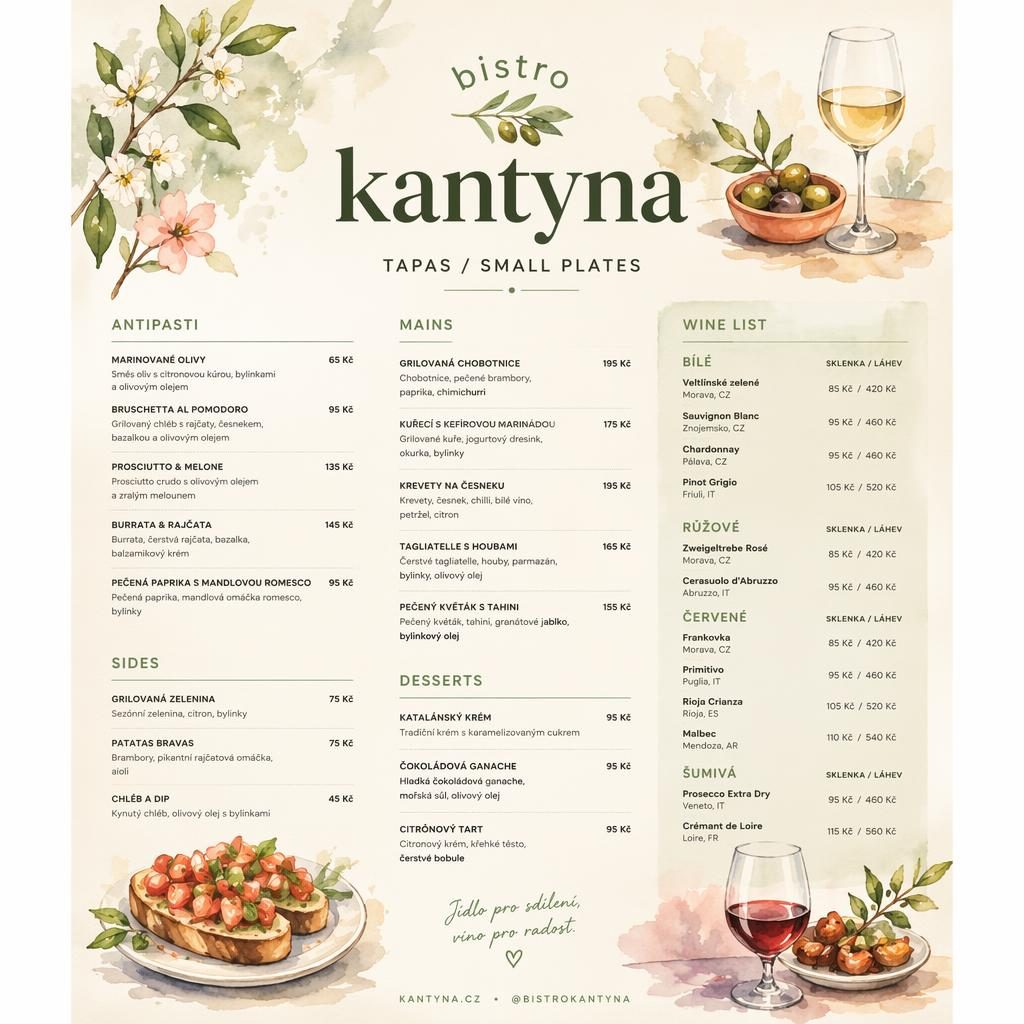 Akvarelový menu card A4 na výšku pro bistro kantyna, vinný lístek s dekorativní hlavičkou, sekcemi a sloupcem cen.