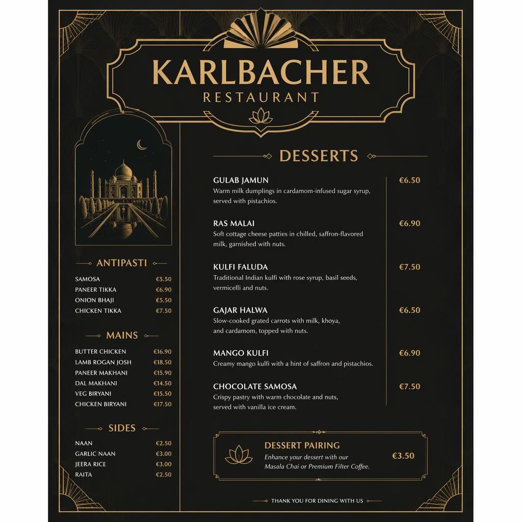 A4-Dessertkarte für karlbacher restaurant im Art-Déco-Stil, dunkle Farbpalette, Zierkopf, Platzhaltertext und Preise