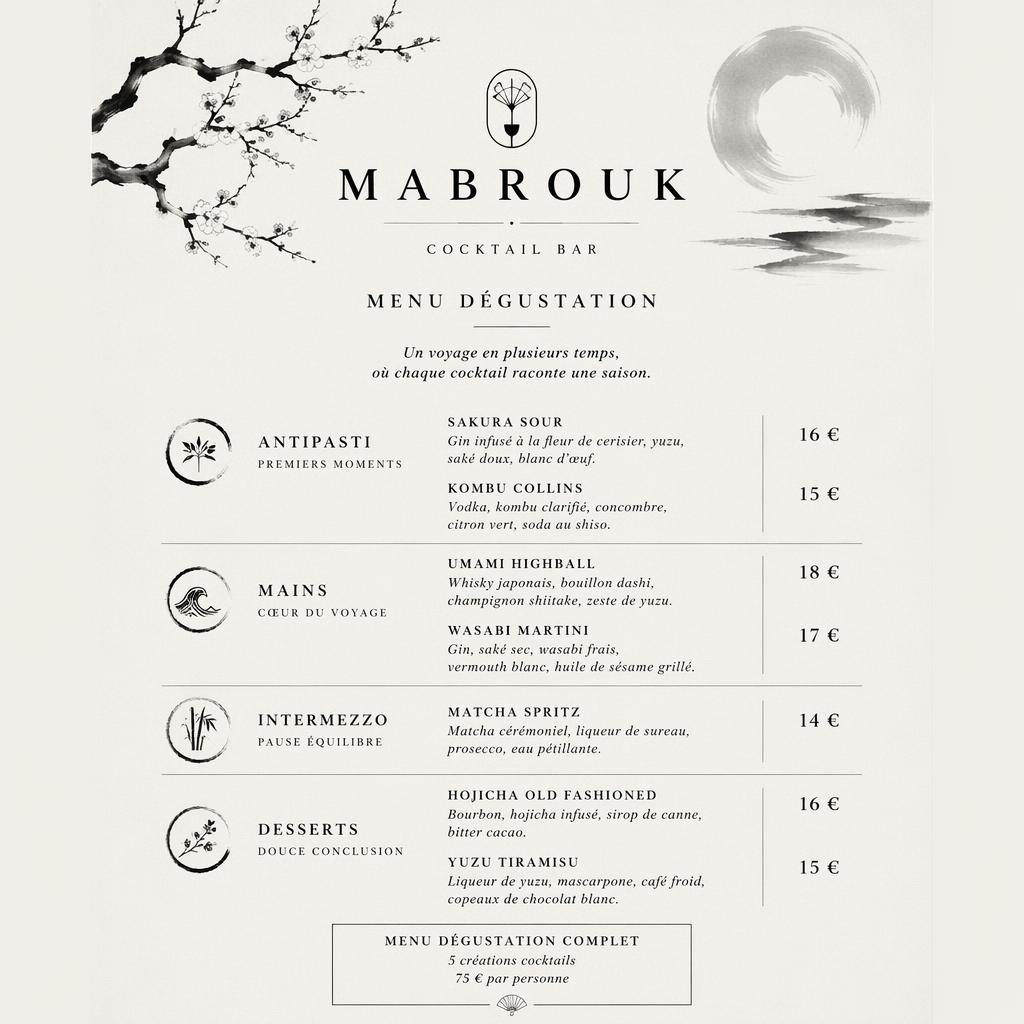 Carte de menu A4 portrait minimaliste noir et blanc, style kaiseki japonais, avec en-tête décoratif, rubriques et colonne de prix.