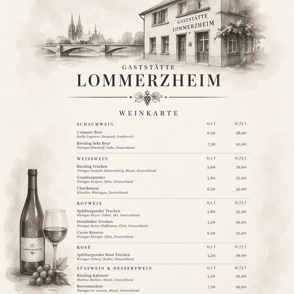 A4-Weinkarte für gaststätte lommerzheim im minimalistischen Aquarellstil mit dekorativem Kopf, Rubriken und Preisspalte.
