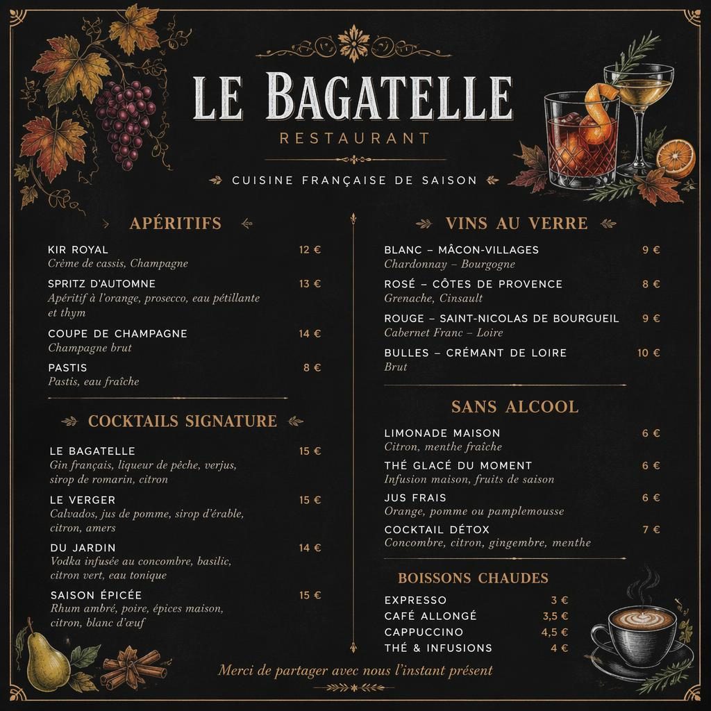 Carte de cocktails A4 en style ardoise café, palette automnale riche, en-tête décoratif, typographie factice et colonne de prix.