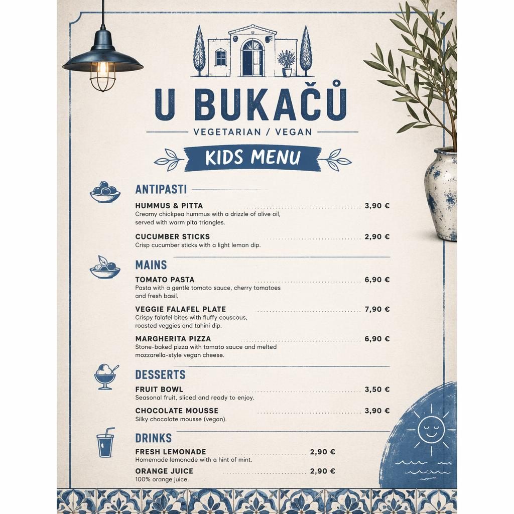 Tisková karta dětského menu A4 na výšku v industriálním loft stylu, modro-krémová paleta, dekorativní záhlaví a ceny.