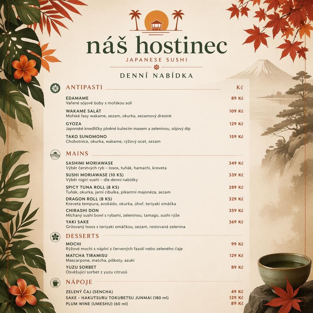 Tisková A4 menu karta pro sushi hostinec, tropický resort styl, podzimní paleta, dekorativní záhlaví a sloupec cen.