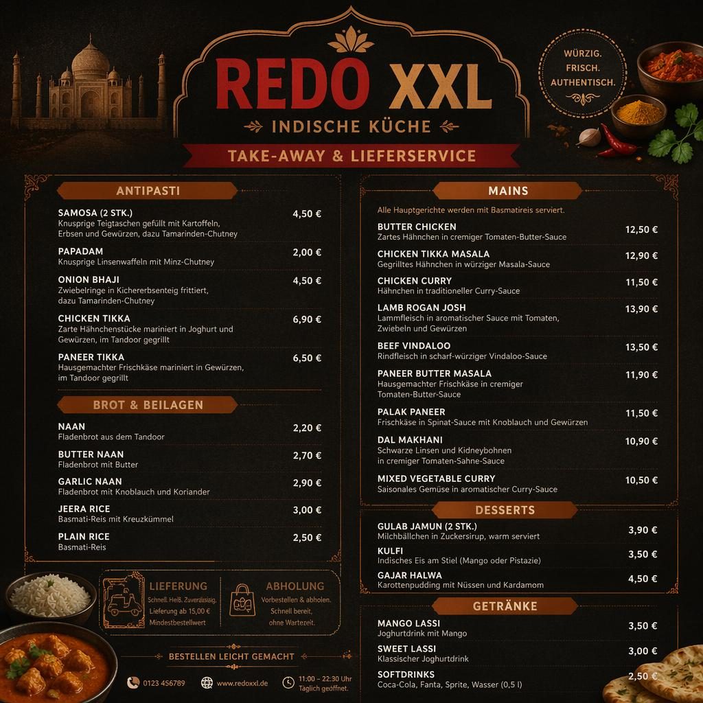 A4-Menükarte für redo xxl speisekarte im indischen Stil, dunkel-rustikales Layout mit Rubriken, Platzhaltertext und Preisen.
