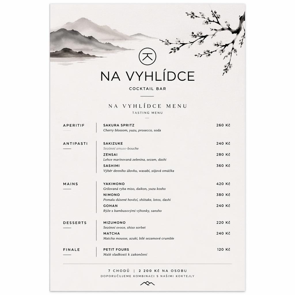 Minimalistický A4 nápojový lístek na vyhlídce menu v monochromatickém japonském stylu s cenovým sloupcem