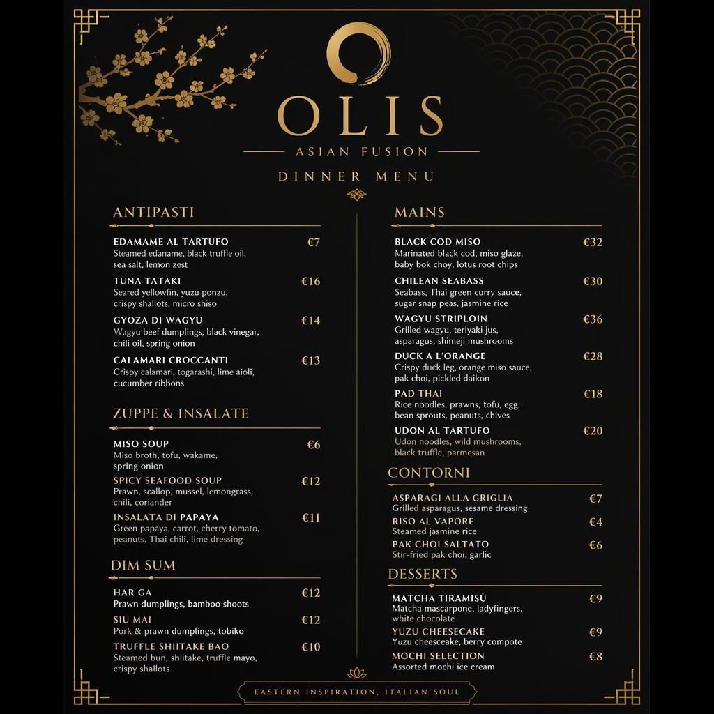 A4 menu karta olis menu na večeři v černo-zlatém luxusním stylu s dekorativní hlavičkou, sekcemi jídel a cenami.