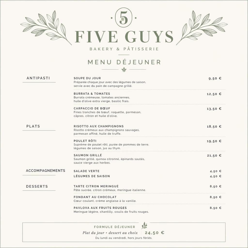 Print-ready menu card for five guys carte (bakery / patisserie). Menu kind: lunch menu. Sample items: five guys carte. S