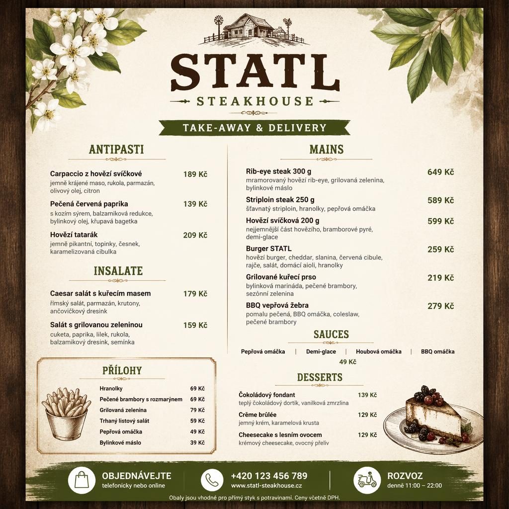 A4 jídelní lístek steakhouse na odnos, rustikální teplý design, sekce, názvy jídel, popisy a sloupec s cenami