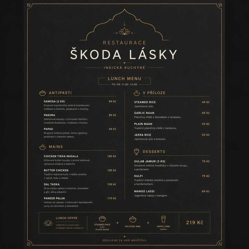 A4 jídelní lístek restaurace škoda lásky s indickými obědy, tmavou paletou, švýcarským minimalistickým layoutem a cenami.