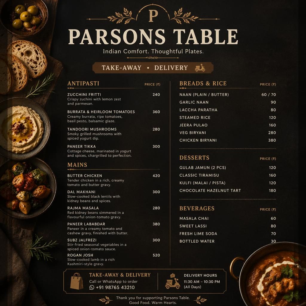 A4 portrait Indian take-away menu card with rustic warm styling, dark moody palette, decorative header, sections and prices.