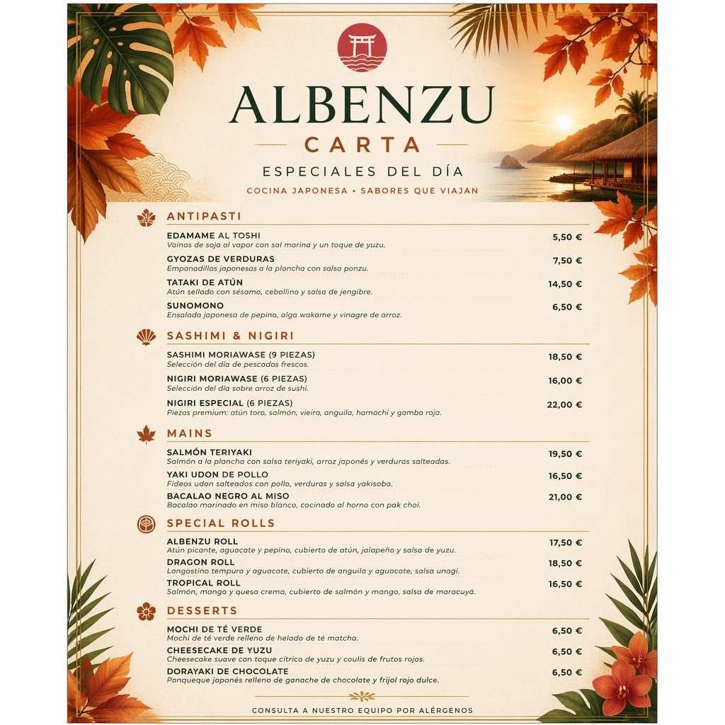 Tarjeta de menú A4 en vertical para albenzu carta, sushi japonés, estilo resort tropical, paleta otoñal y columna de precios.