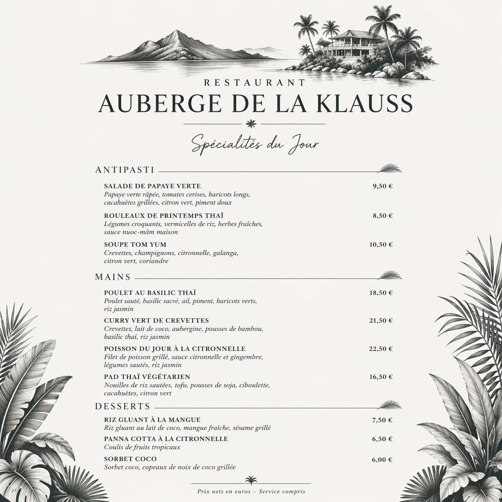 Carte de menu A4 en portrait pour restaurant auberge de la klauss, style resort tropical monochrome avec rubriques et prix.