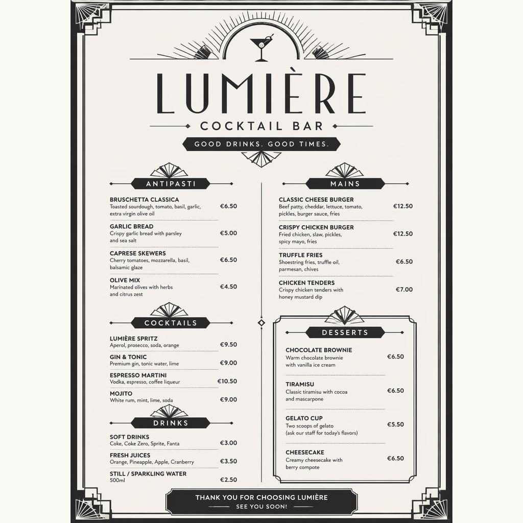 A4 portrait dessert menu card with art deco header, monochrome layout, section headings, dish placeholders, and prices.