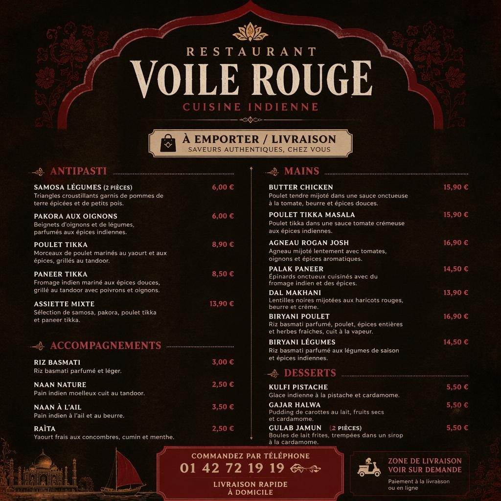 Carte menu A4 portrait du restaurant voile rouge, style rustique chaleureux, palette sombre, rubriques et colonne de prix.