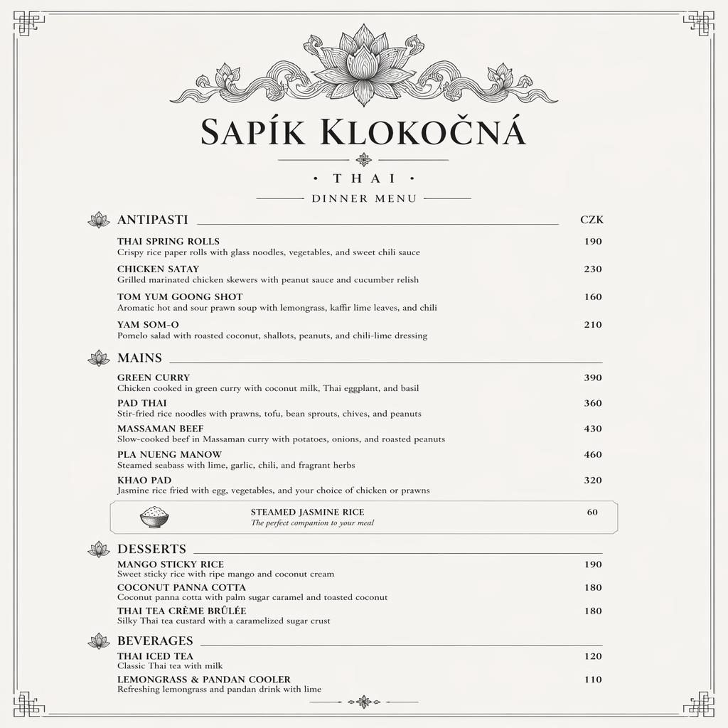 A4 menu karta pro sapík klokočná v luxusním monochromu s dekorativní hlavičkou, sekcemi, názvy jídel a cenami.