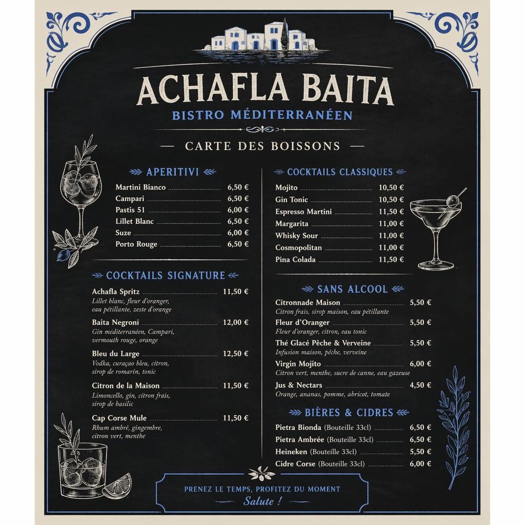 Carte de cocktails A4 en style ardoise, palette bleu méditerranéen et crème, avec en-tête décoratif et colonne de prix.