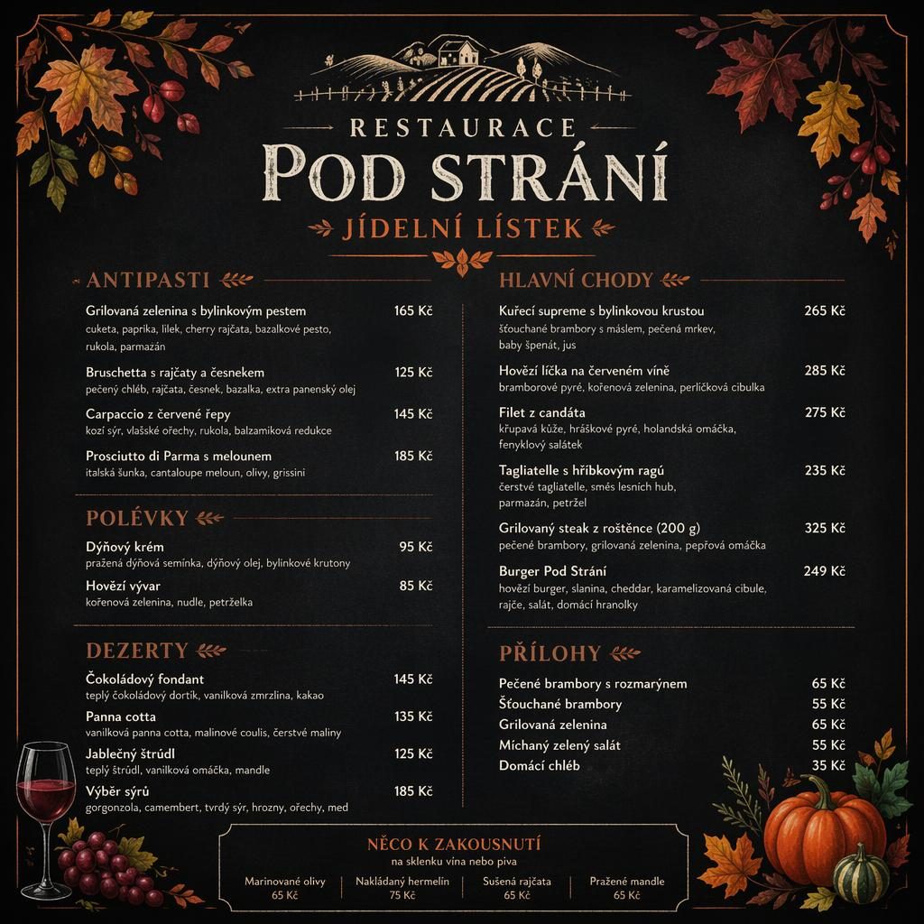 A4 koktejlový jídelní lístek ve stylu křídové tabule, podzimní paleta, dekorativní záhlaví a sloupec s cenami.
