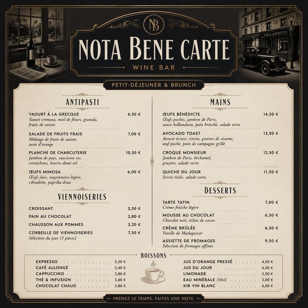 Carte de menu A4 portrait pour wine bar, style vintage années 1920, palette sombre, en-tête décoratif, sections et colonne de prix.