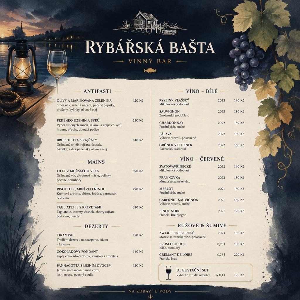 Akvarelový menu lístek A4 pro rybářská bašta, tmavá náladová paleta, dekorativní hlavička, sekce a ceny.
