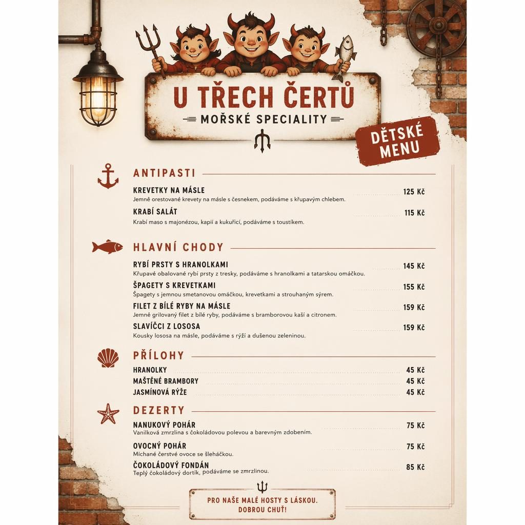 A4 menu karta na výšku pro U Třech Čertů, dětské mořské menu v industriálním loft stylu, krémová a rezavá paleta.