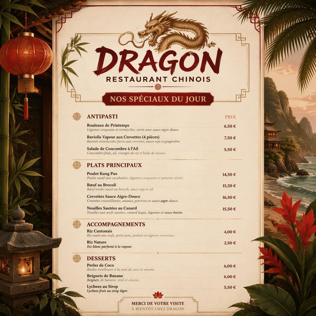 Carte de menu A4 en portrait pour dragon restaurant chinois, style resort tropical, tons terre chauds, rubriques et colonne de prix.