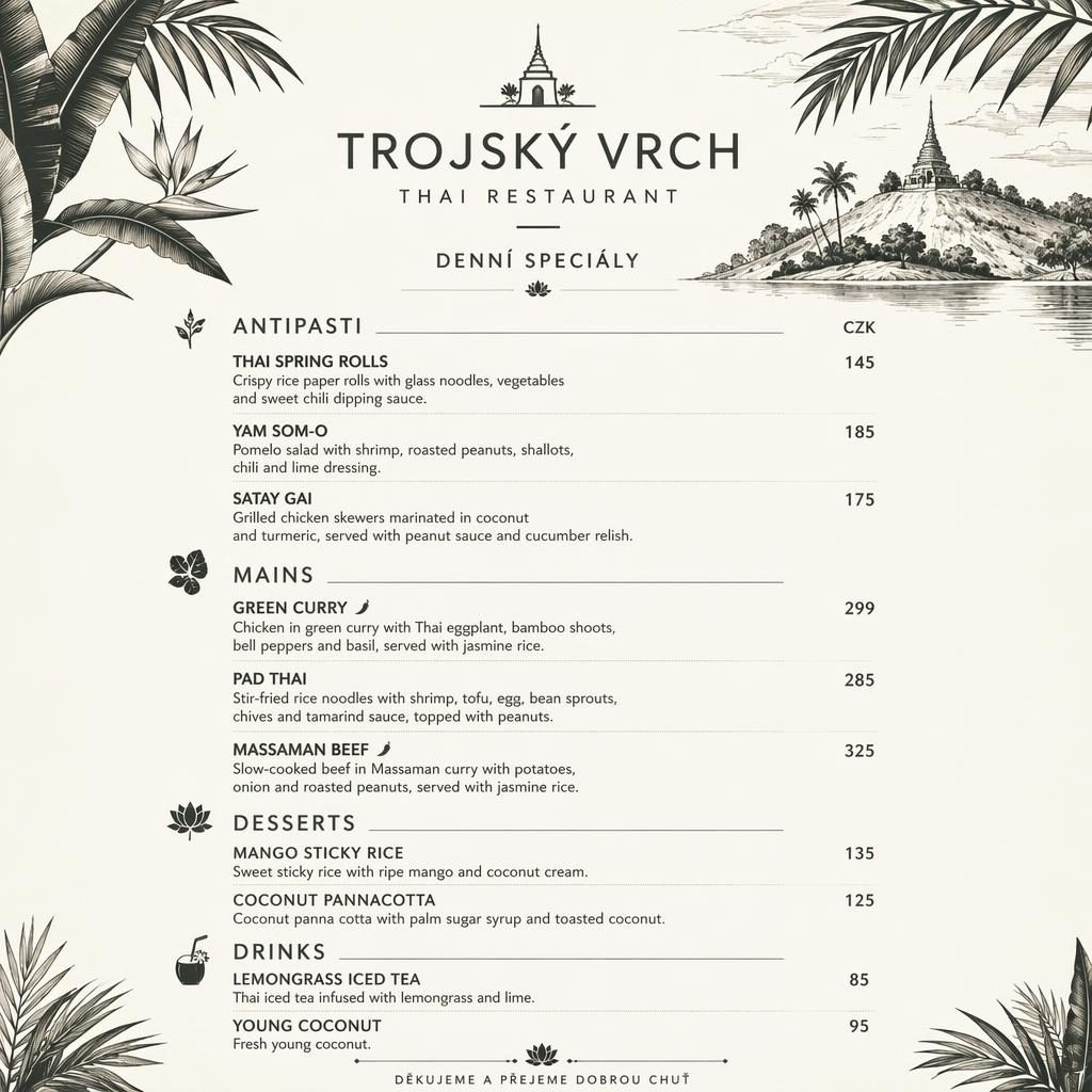 Tisková karta menu A4 na výšku pro trojský vrch menu v thajském stylu, tropický resort, monochromní paleta.