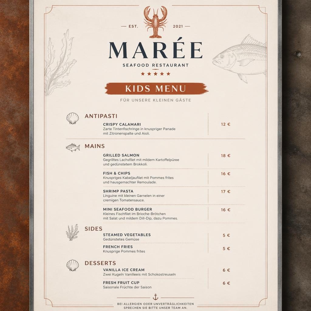 A4-Menükarte für Kinder eines Seafood-Restaurants im Industrial-Loft-Stil, creme-rostfarben, mit Überschriften und Preisen