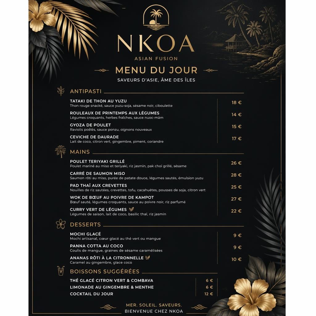 Carte de menu quotidienne A4 en portrait pour nkoa menu, style resort tropical noir et or, rubriques, plats, descriptions et prix.