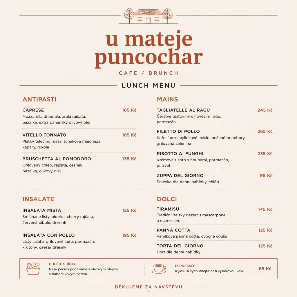 Tisková karta obědového menu pro u mateje puncochar v krémové a rezavé paletě, formát A4 na výšku.