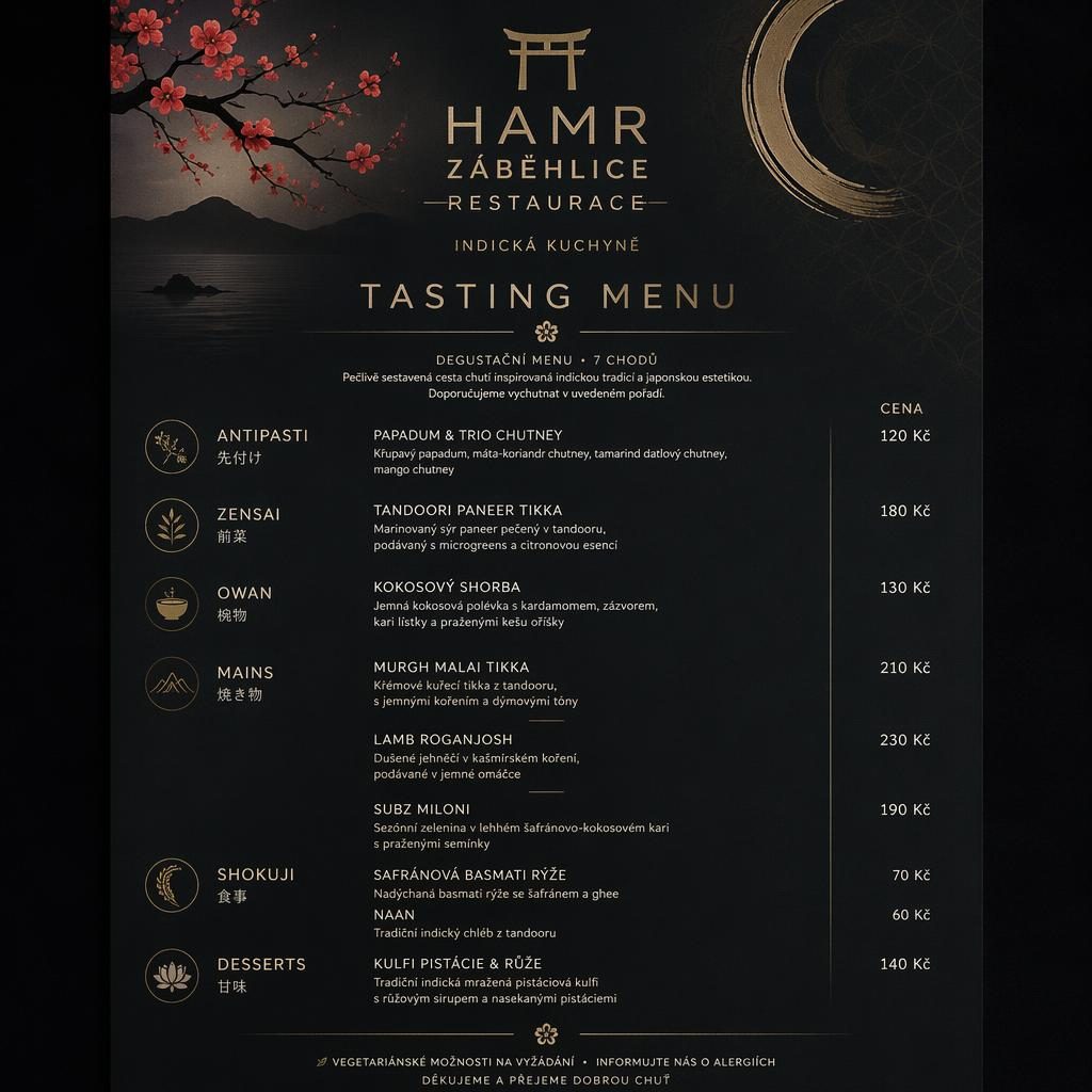 A4 menu karta na výšku pro hamr záběhlice restaurace, tmavá paleta, dekorativní záhlaví, sekce jídel a sloupec cen.