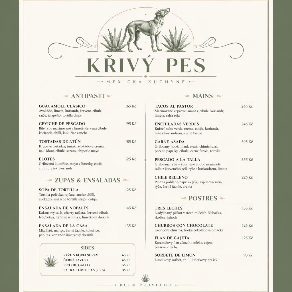 A4 portrétní menu karta v sage a ivory barvách, luxusní mexický design, dekorativní hlavička a sloupec s cenami.