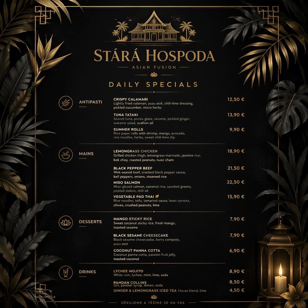 A4 menu karta na výšku pro stará hospoda, černo-zlatý tropický design, dekorativní hlavička, sekce a ceny.