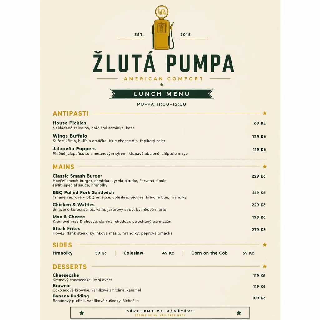 Minimalistický obědový menu card A4 na výšku pro žlutá pumpa menu v teplé zemitě paletě s cenovým sloupcem.