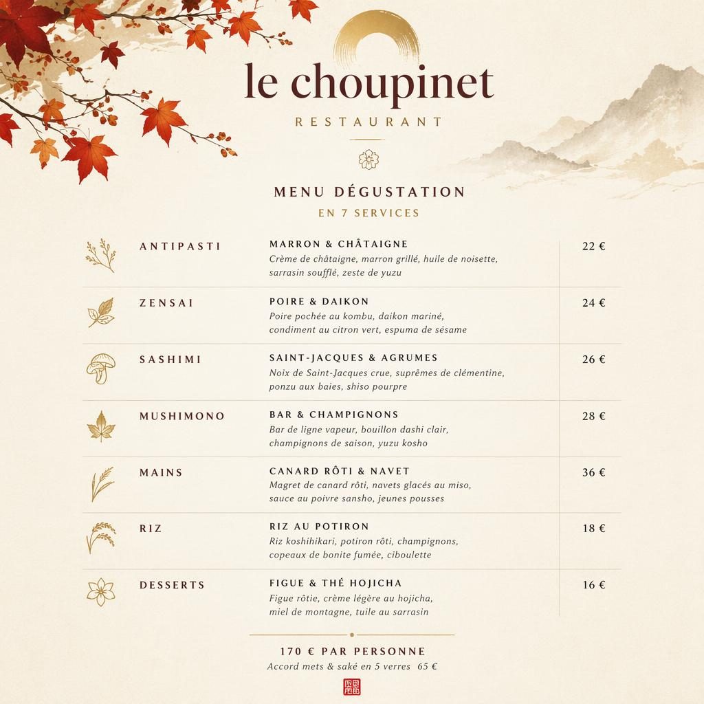 Carte de menu A4 portrait pour le choupinet restaurant, style kaiseki japonais aux tons d’automne avec sections et prix.