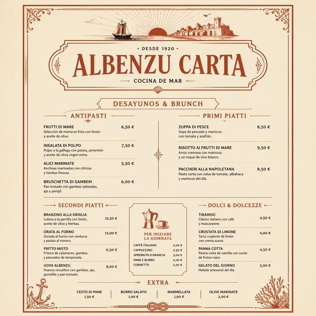 Tarjeta de menú A4 en vertical para albenzu carta, estilo años 20, tonos crema y óxido, mariscos, cabecera decorativa y precios.
