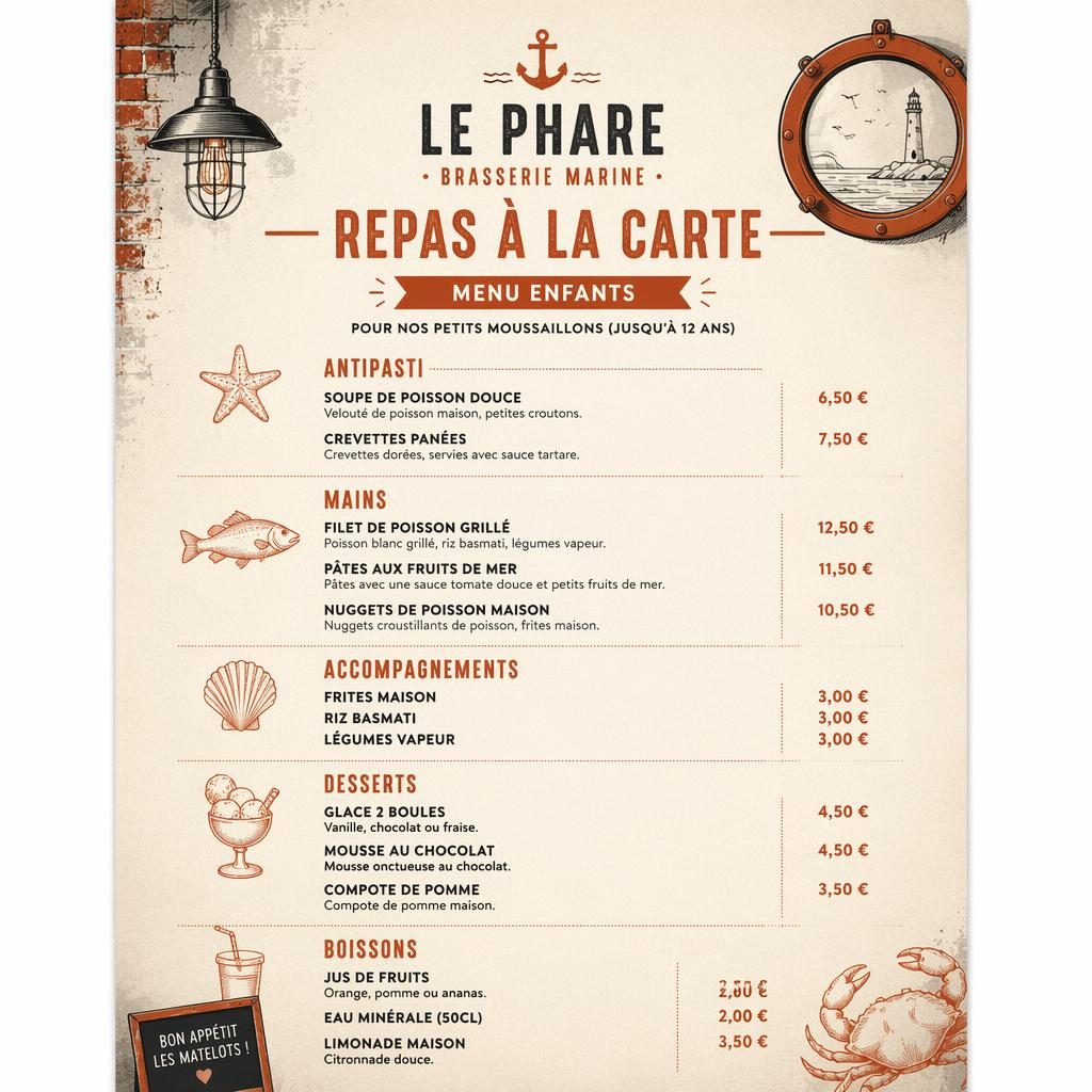 Carte de menu enfant A4 portrait fruits de mer, style loft industriel crème chaud et rouille, avec rubriques, plats et prix.