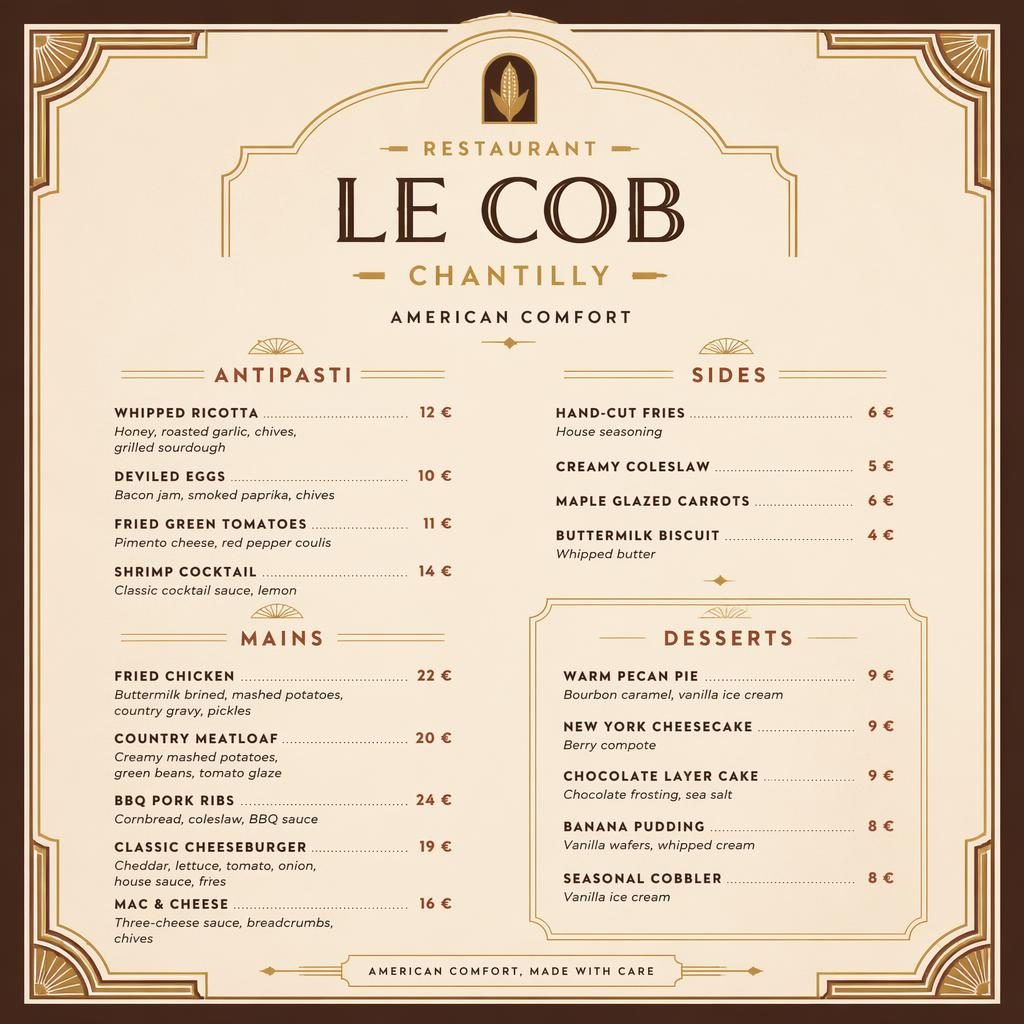 Carte de desserts A4 portrait style art déco, palette terre chaude, en-tête décoratif et colonne de prix pour restaurant le cob chantilly.
