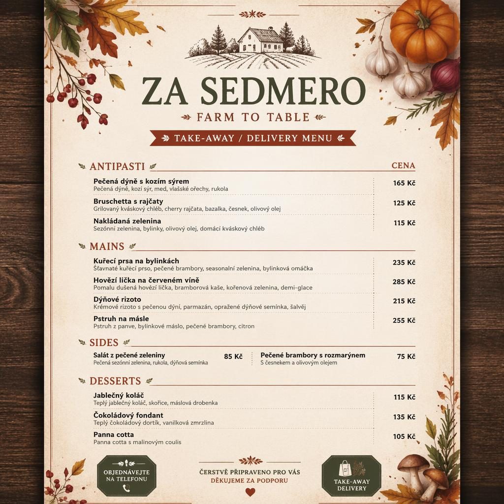 A4 menu karta Za sedmero v rustikálním podzimním stylu s dekorativní hlavičkou, sekcemi jídel a sloupcem cen.