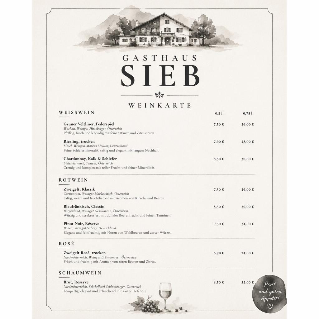 A4-Weinkarte für Gasthaus Sieb im Thai-Stil, monochrom, mit dekorativer Kopfzeile, Rubriken, Platzhaltertext und Preisen
