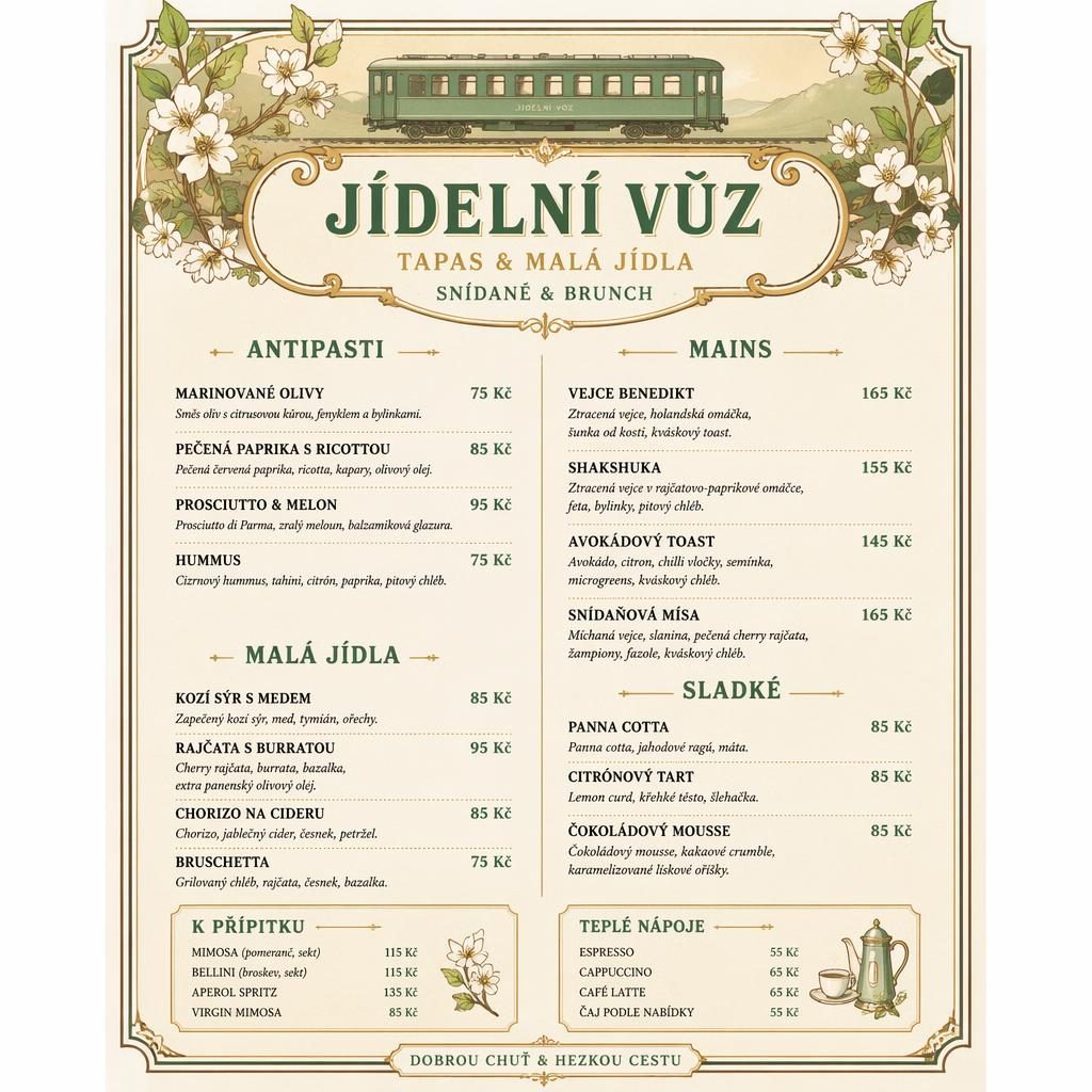 A4 menu karta pro jidelni vuz na snídani a brunch ve vintage stylu 20. let, s dekorativní hlavičkou a cenami.