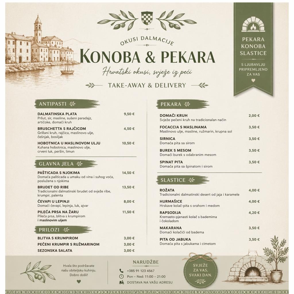 A4-Speisekarte im Hochformat für kroatische restaurant, rustikal warm in Salbeigrün und Elfenbein mit Preisen