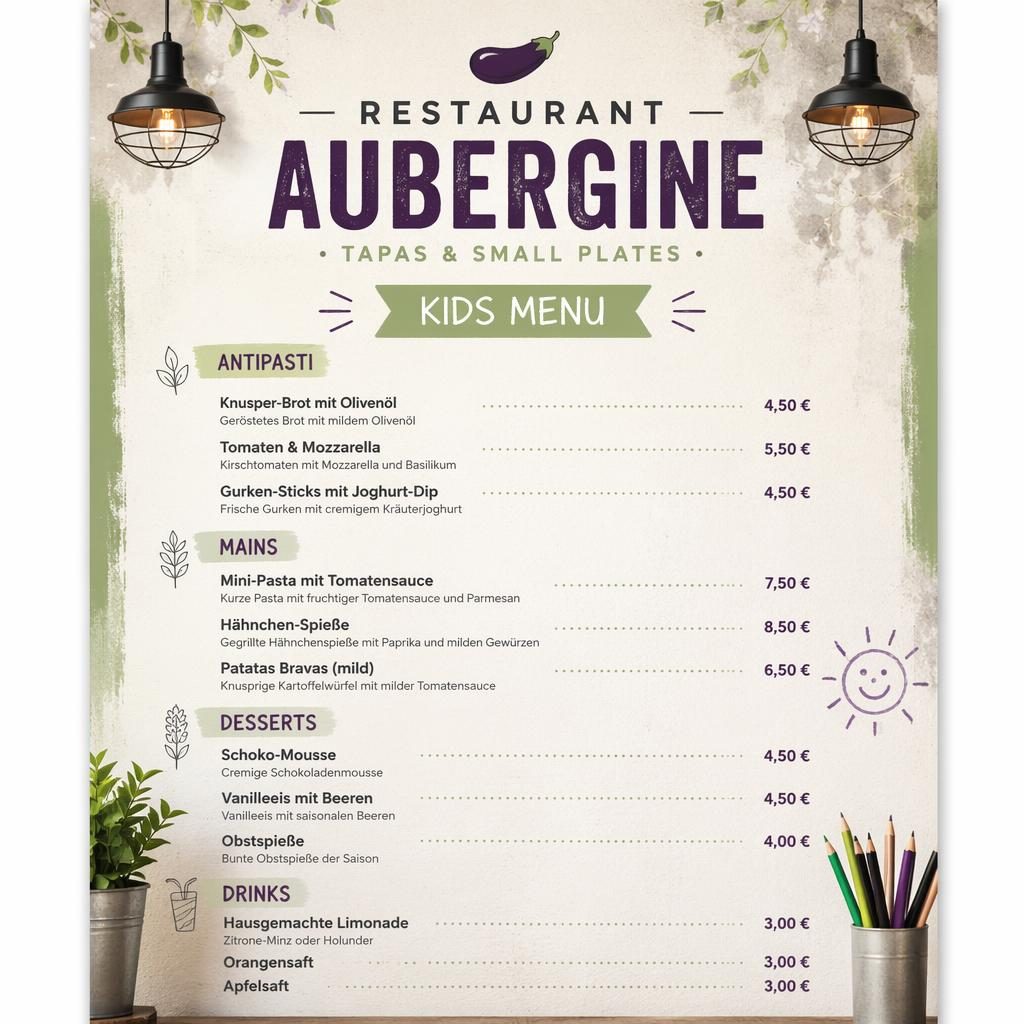 A4-Menükarte für Kinder von restaurant aubergine im Industrial-Loft-Stil mit Frühlingsfarben, Rubriken, Platzhaltertext und Preisen.