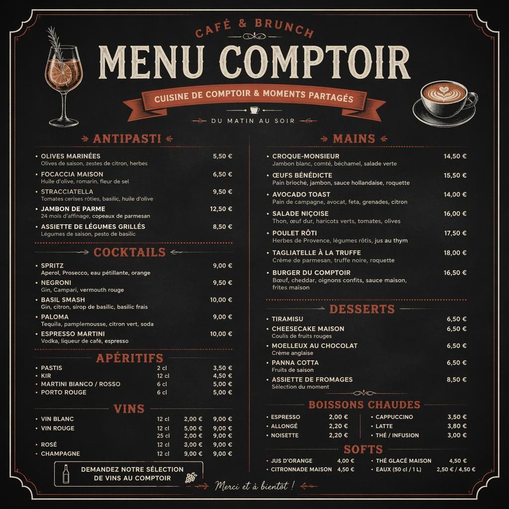 Carte menu comptoir A4 portrait style ardoise café, palette crème et rouille, sections cocktails et prix en colonnes